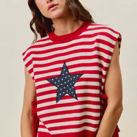 Red and ivory striped knit vest top with navy star patch, crew neck, side ties