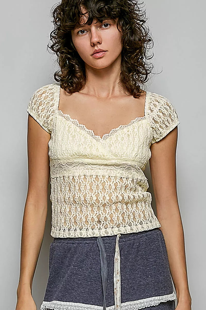 Natural lace sweetheart neck short-sleeve top with textured ruched bodice