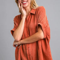 Orange-red plus size gauze button-down shirt with collar and chest buttons
