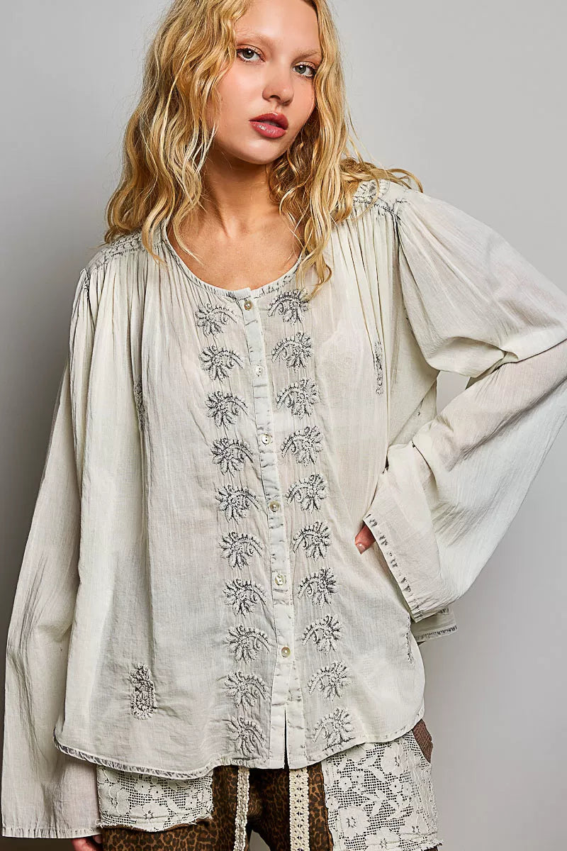 Pale grey embroidered button-front woven shirt with floral motifs and gathered cuffs