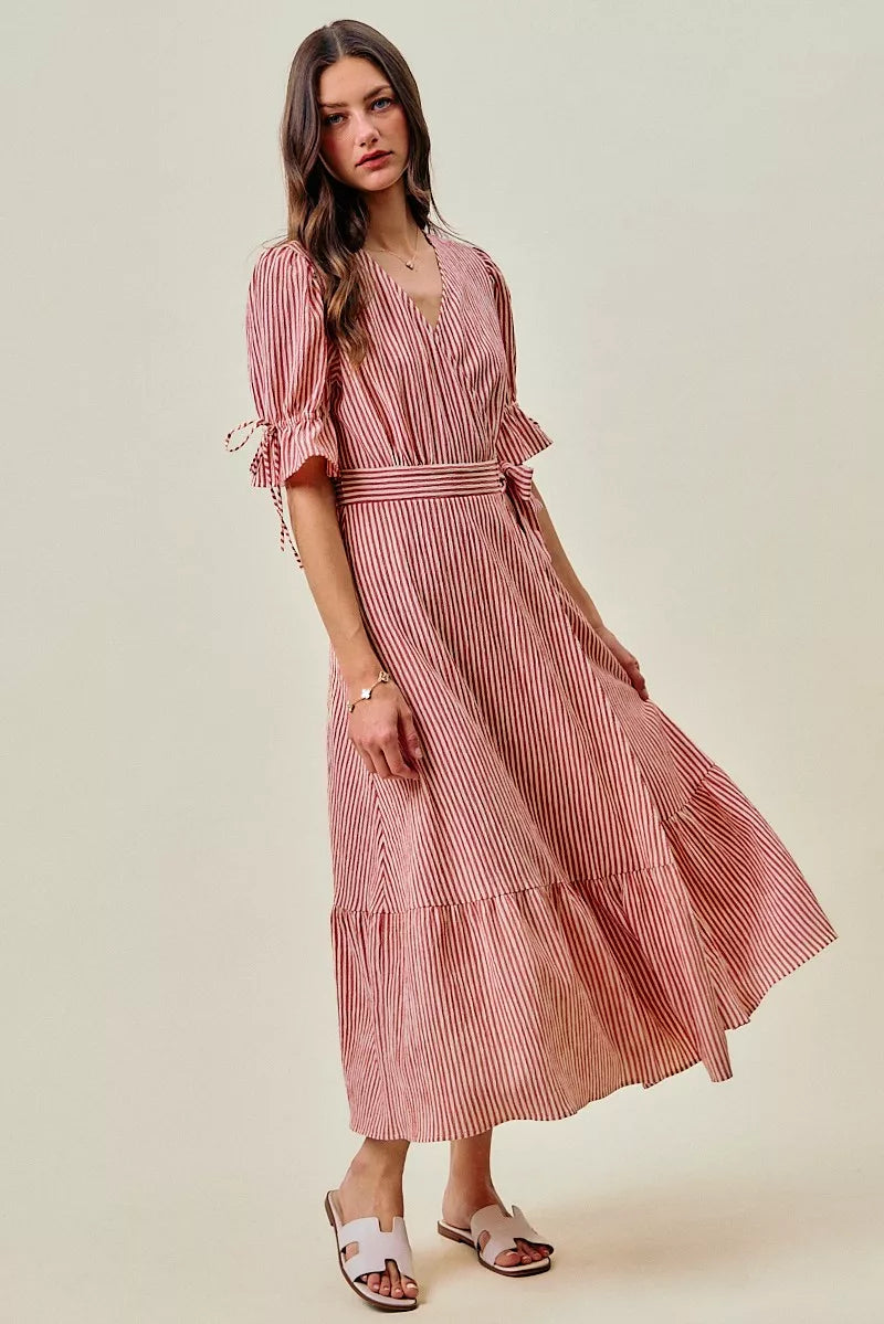 Red striped wrap midi dress with ruffle sleeve cuffs and tie belt waist
