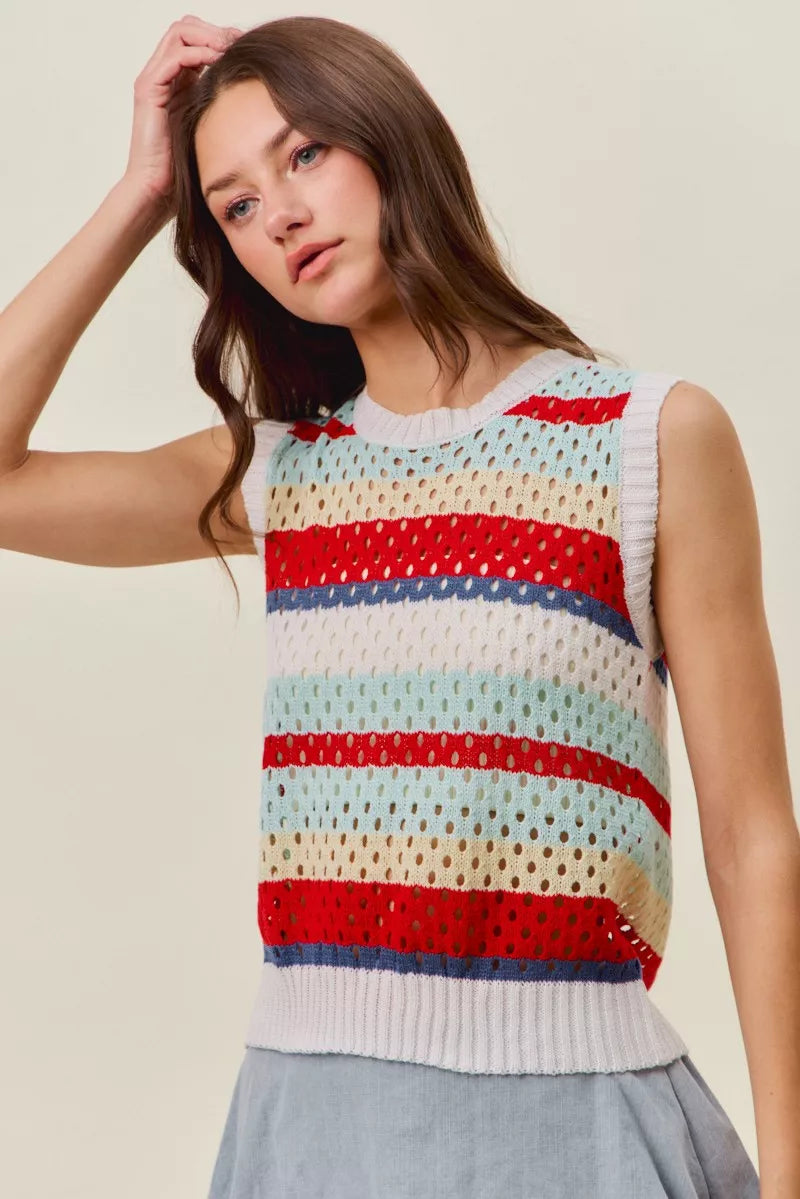 Women’s sweater knit tank top with ribbed hem and red/navy striped bands
