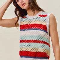 Women’s sweater knit tank top with ribbed hem and red/navy striped bands