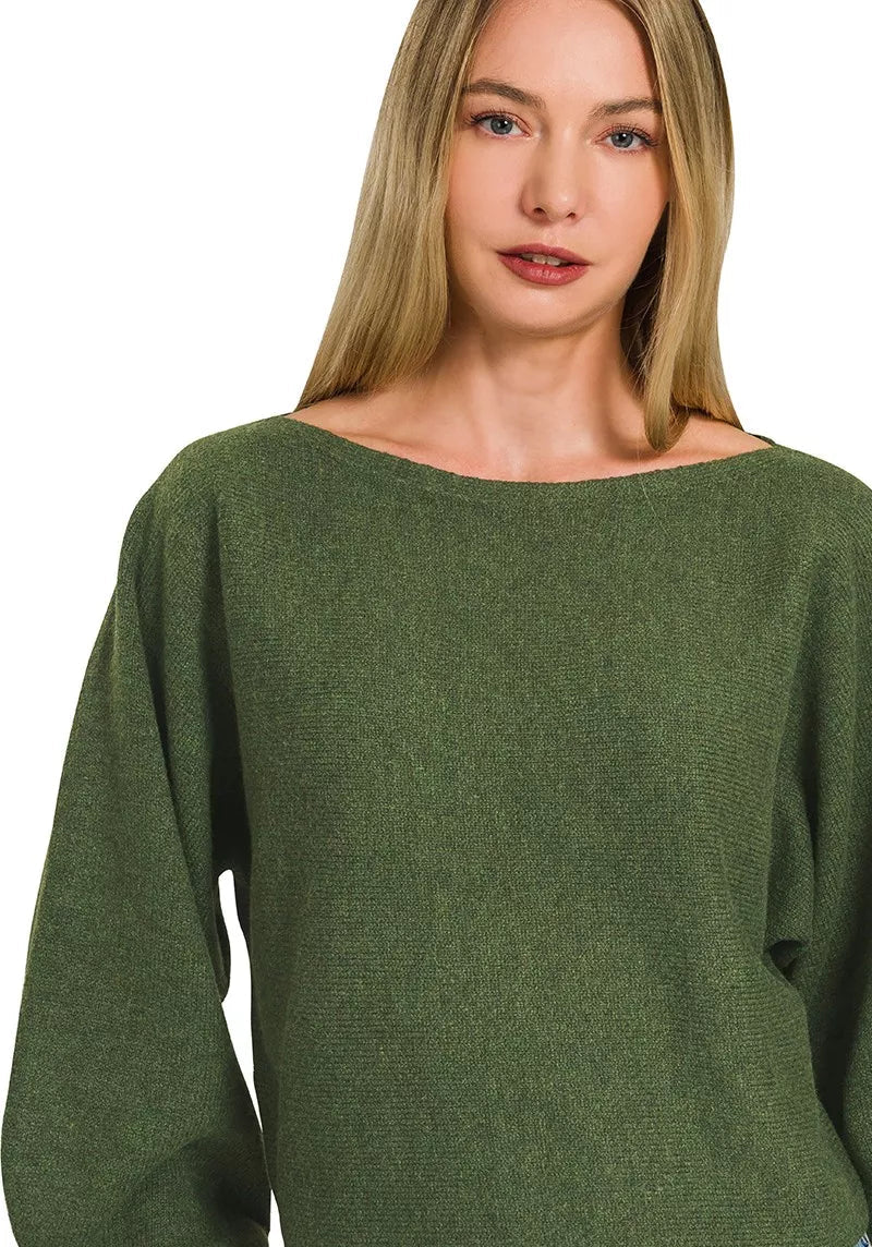 Dark olive boat-neck sweater with relaxed, wide sleeves in textured knit