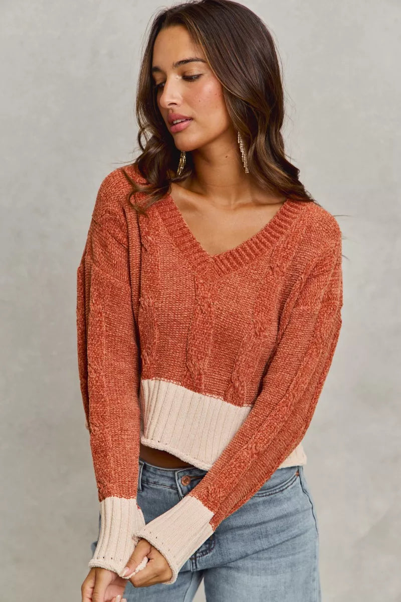 Rust cropped chenille cable-knit V-neck sweater with contrast ribbed hem and cuffs