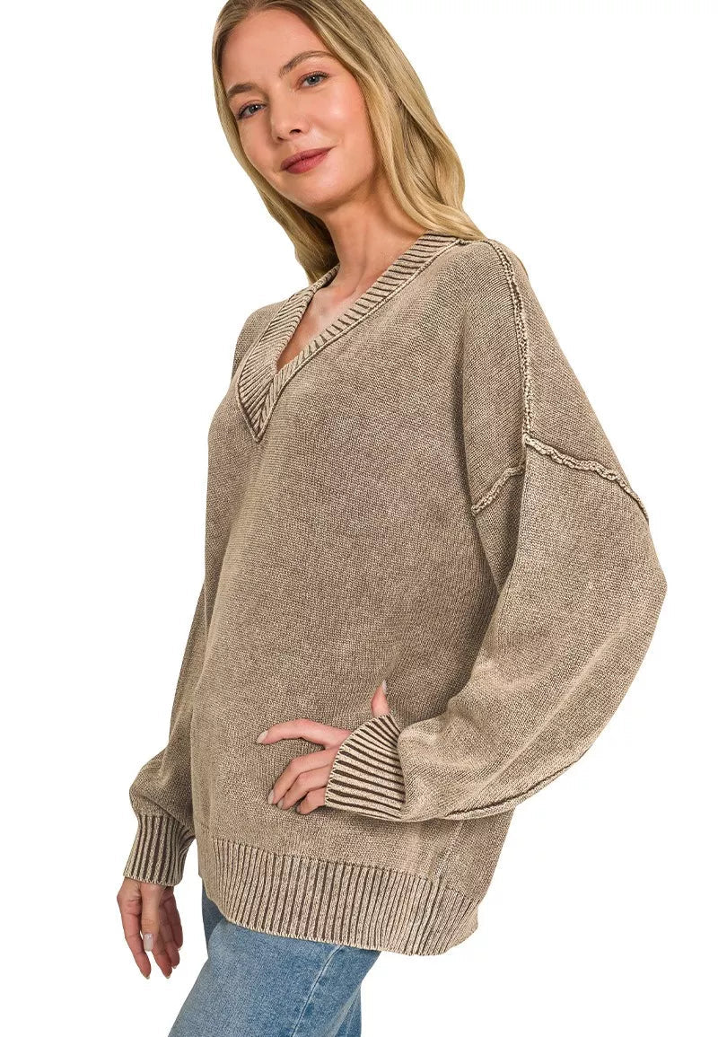 Brown washed oversized sweater with deep V-neck, long sleeves, ribbed hem