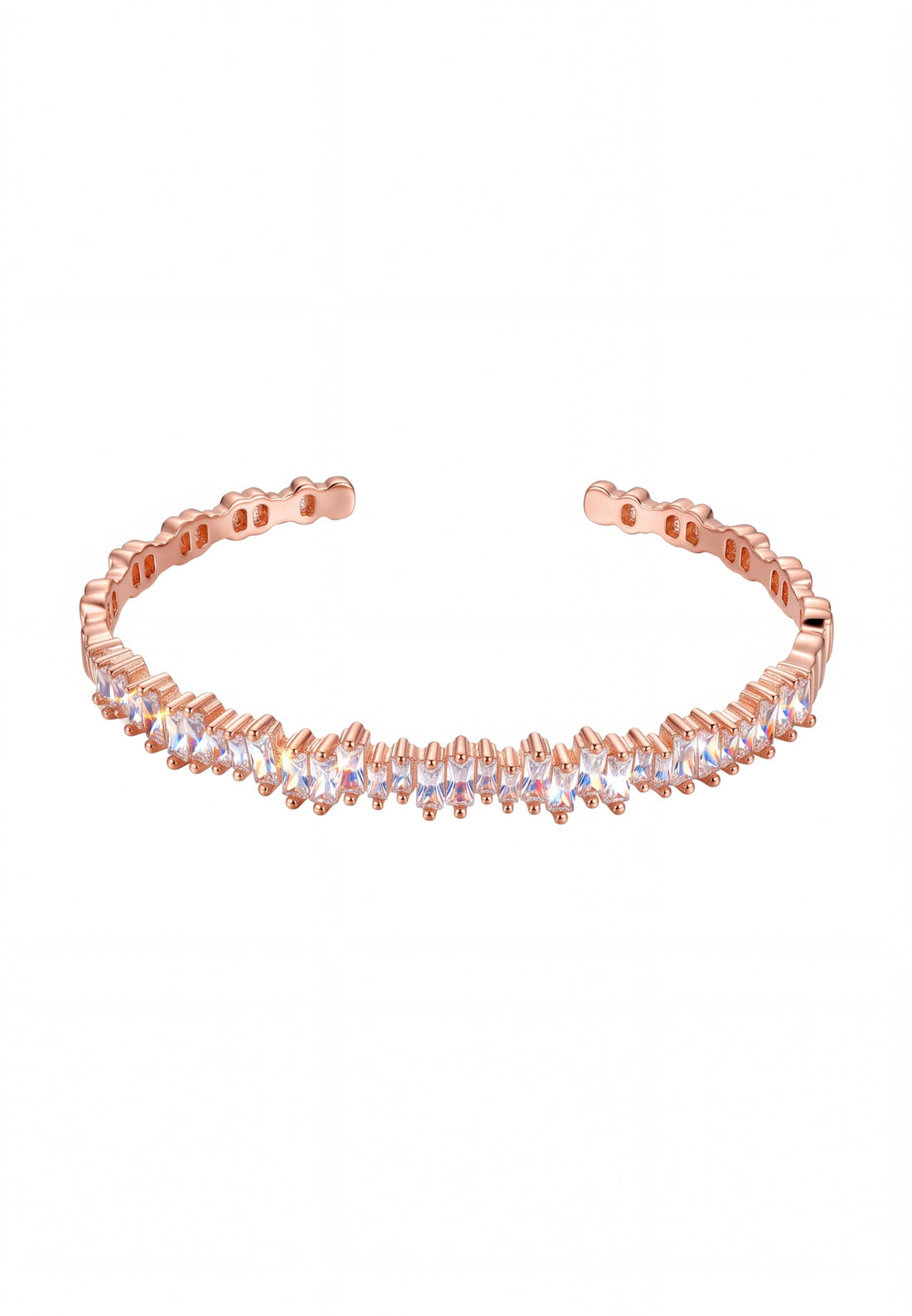 Rose gold ice cuff bangle with baguette-cut clear stones, flexible curved shape