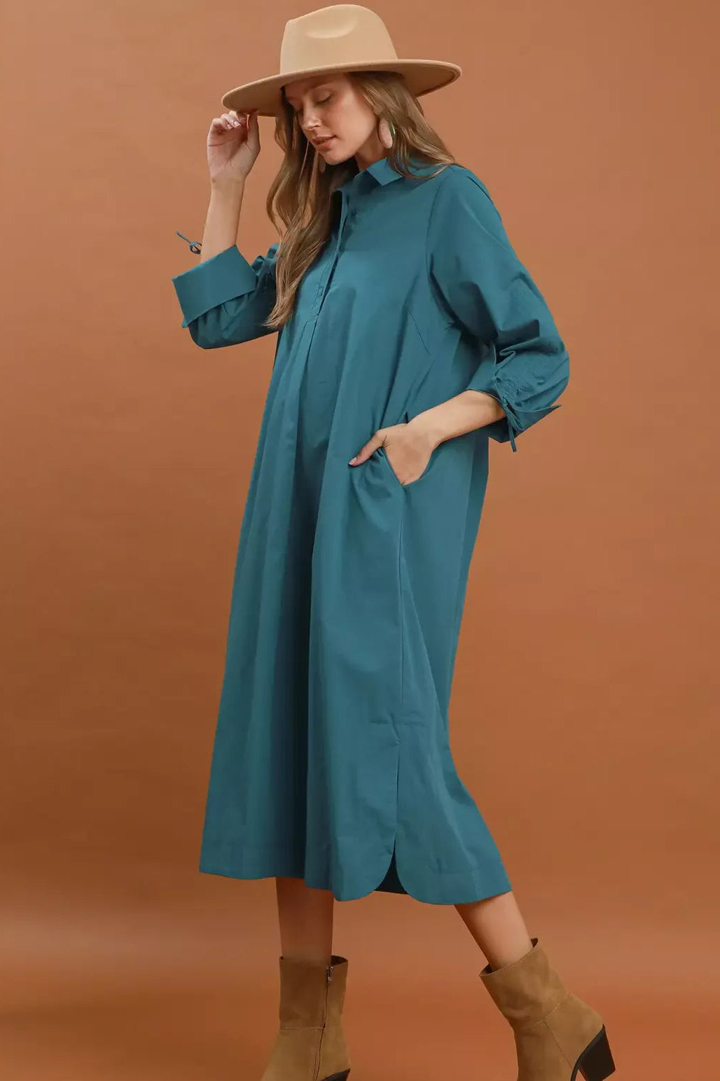 Teal collared button-front midi dress with gathered sleeve cuffs and relaxed skirt