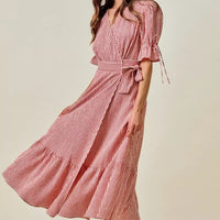 Red striped wrap midi dress with fluttery ruffle sleeves and tiered skirt