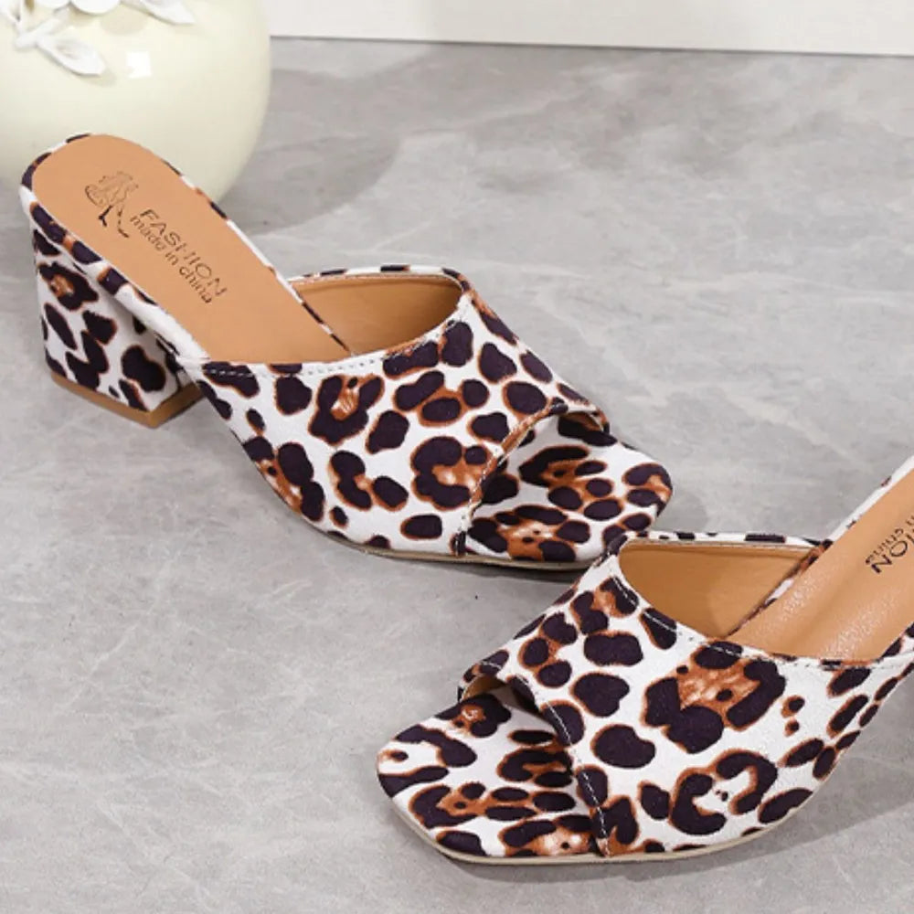 Leopard print suede peep-toe sandals with block heel, caramel and dark spots