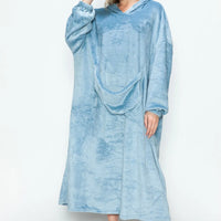 Pastel blue hooded midi lounge dress with front pouch pocket and wide sleeves