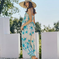 Blue palm-print cami top with smocked bodice, ruffled look, adjustable straps