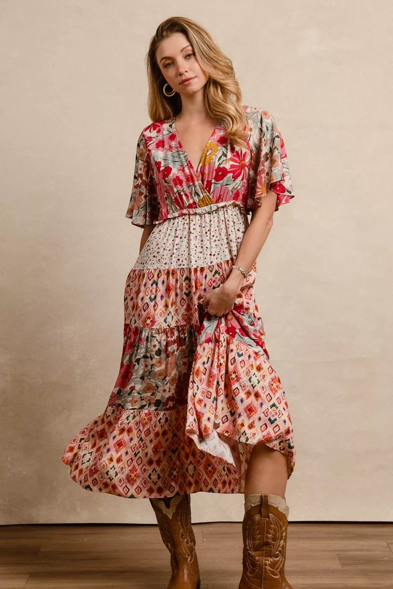 Floral print tiered midi dress with flutter sleeves and gathered waist panel, rose mix
