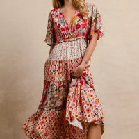 Floral print tiered midi dress with flutter sleeves and gathered waist panel, rose mix