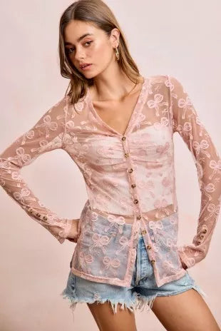 Dusty rose mesh V-neck cardigan top with bow pattern, shirred body, button front