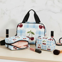 Blue 3 Piece Gingham Makeup Bag Set | Personalized Cherry Print