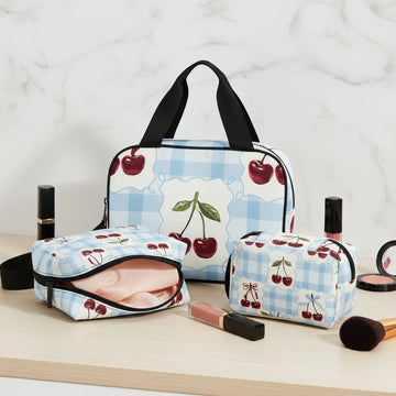 Make up Bag, Personalized Set 3-Piece Cherry Gingham Makeup Organizer, Travel Gift for Her