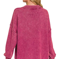 Washed deep V-neck oversized sweater in cabernet, back view with ribbed hem and cuffs