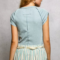 Light sky-blue V-neck short-sleeve t-shirt, back view with seam detail