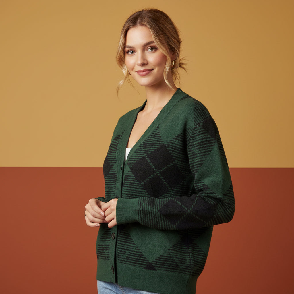 Plaid Cardigan Sweater | Unisex Green Black Preppy Jacquard Knit