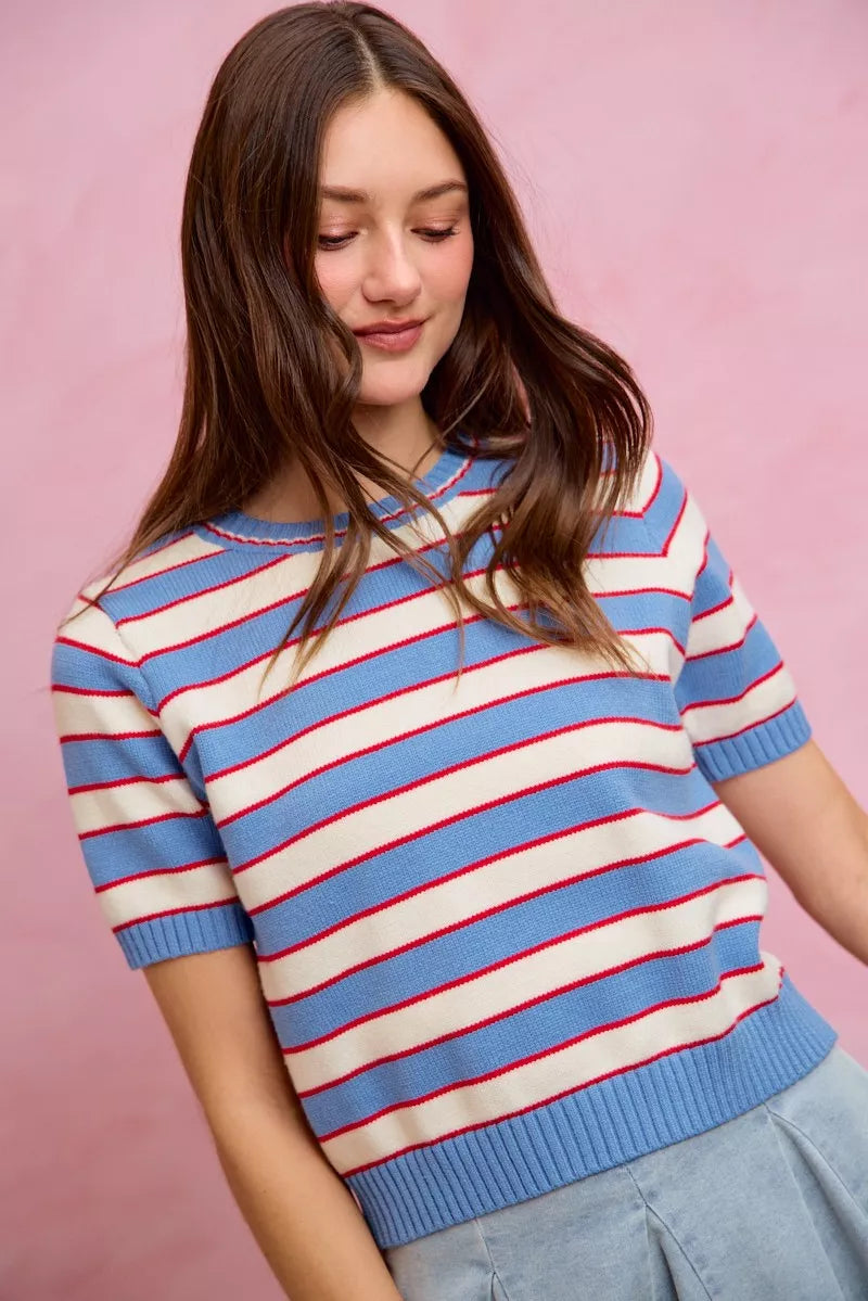 Striped knit crew neck short-sleeve sweater top with ribbed hem, blue and red/white stripes