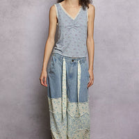 Powder blue ruched floral V-neck tank with lace-trimmed neckline, sleeveless
