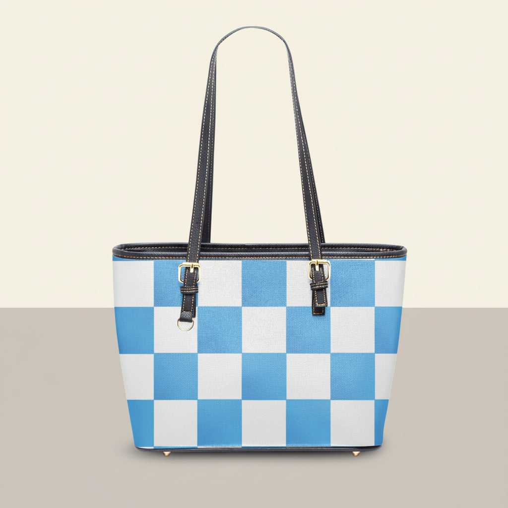 Checkered Tote Bag | Large Blue and White Twill Faux Leather Purse