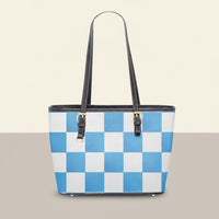 Checkered Tote Bag | Large Blue and White Twill Faux Leather Purse