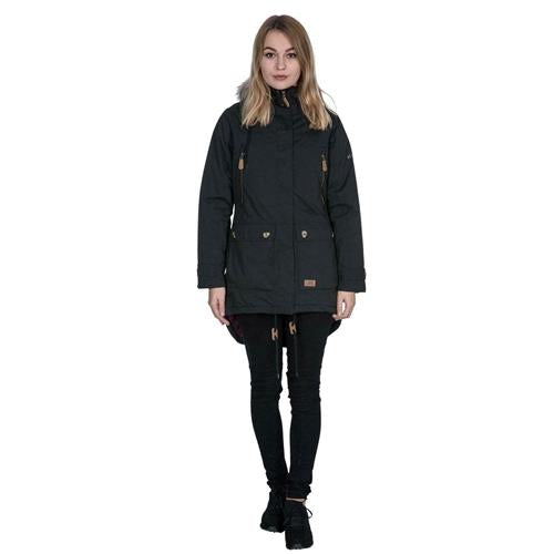 Black waterproof parka jacket with faux-fur trimmed hood and front utility pockets on model