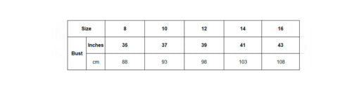 Rain mac size chart: bust measurements (inches/cm) for sizes 8–16