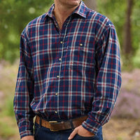 Close view of Champion men's blue and red plaid shirt with chest pocket and buttons