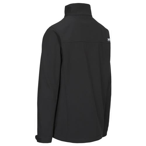 Back view of the black softshell jacket with high collar and upper back seam