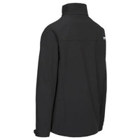 Back view of the black softshell jacket with high collar and upper back seam
