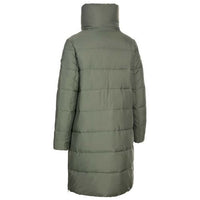 Women's puffer coat in ivy green, back view, high stand collar, quilted padding.