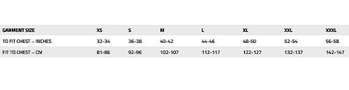 Gilet size chart with chest measurements in inches and centimeters