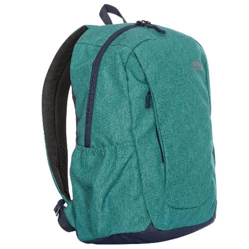 Teal backpack shown at an angle, with front zip pocket and side pocket.