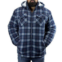 Men's navy plaid sherpa shirt jacket with hood, zip front and two flap chest pockets