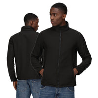 Black softshell jacket modeled from front and back, with a stand collar and zip pockets.