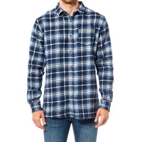 Men's blue and white plaid flannel shirt with button front