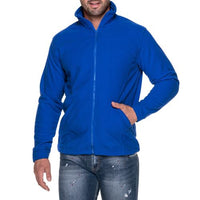 Royal blue men's microfleece jacket worn zipped, with a high collar and angled front pockets