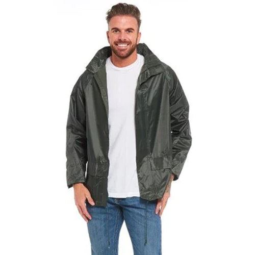 Olive waterproof jacket with a raised collar and front pockets