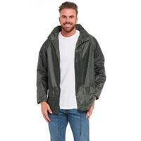 Olive waterproof jacket with a raised collar and front pockets