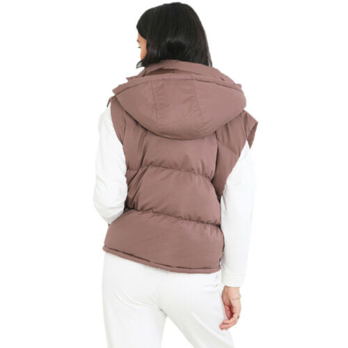 Ladies brown padded hooded gilet, back view with quilted body