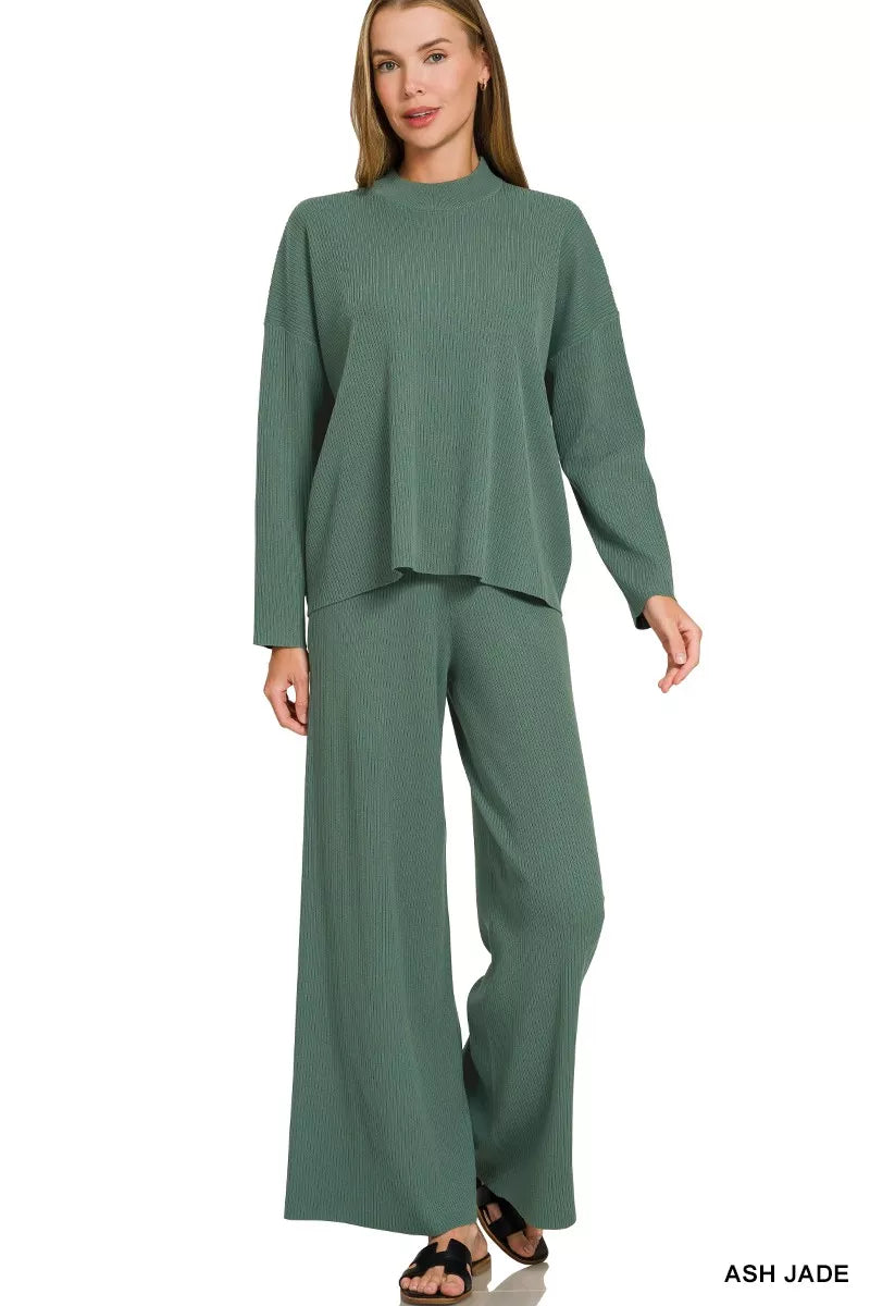 Teal-green knit sweater top and wide-leg pants set with relaxed fit