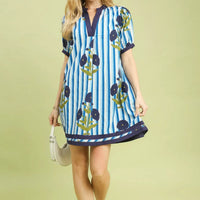 Blue striped short contrast dress with floral print, V-neck, and navy trim