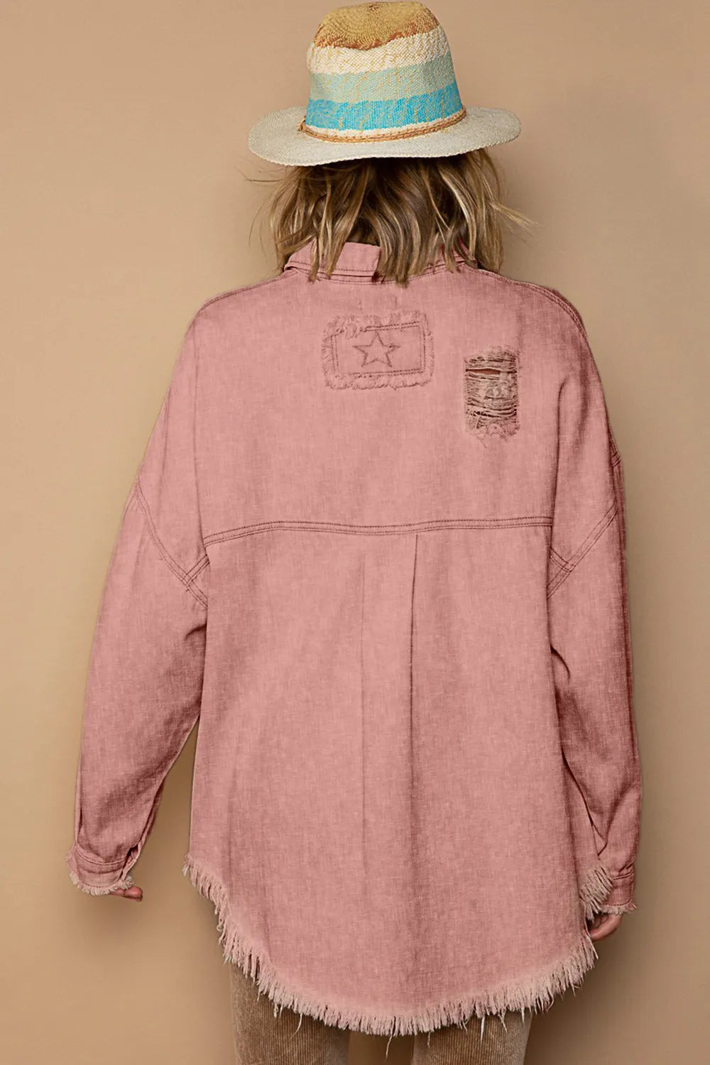 Powder brick button-up shacket, distressed back, raw hem and flap pockets