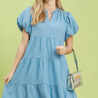Peri blue puff-sleeve tiered babydoll dress with V-neck and short tiered skirt