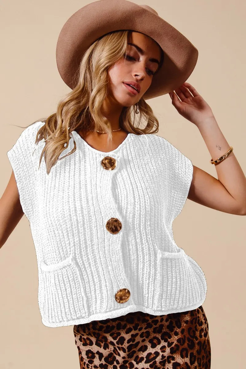 Off-white knit sweater vest with round neck and large gold-tone front buttons