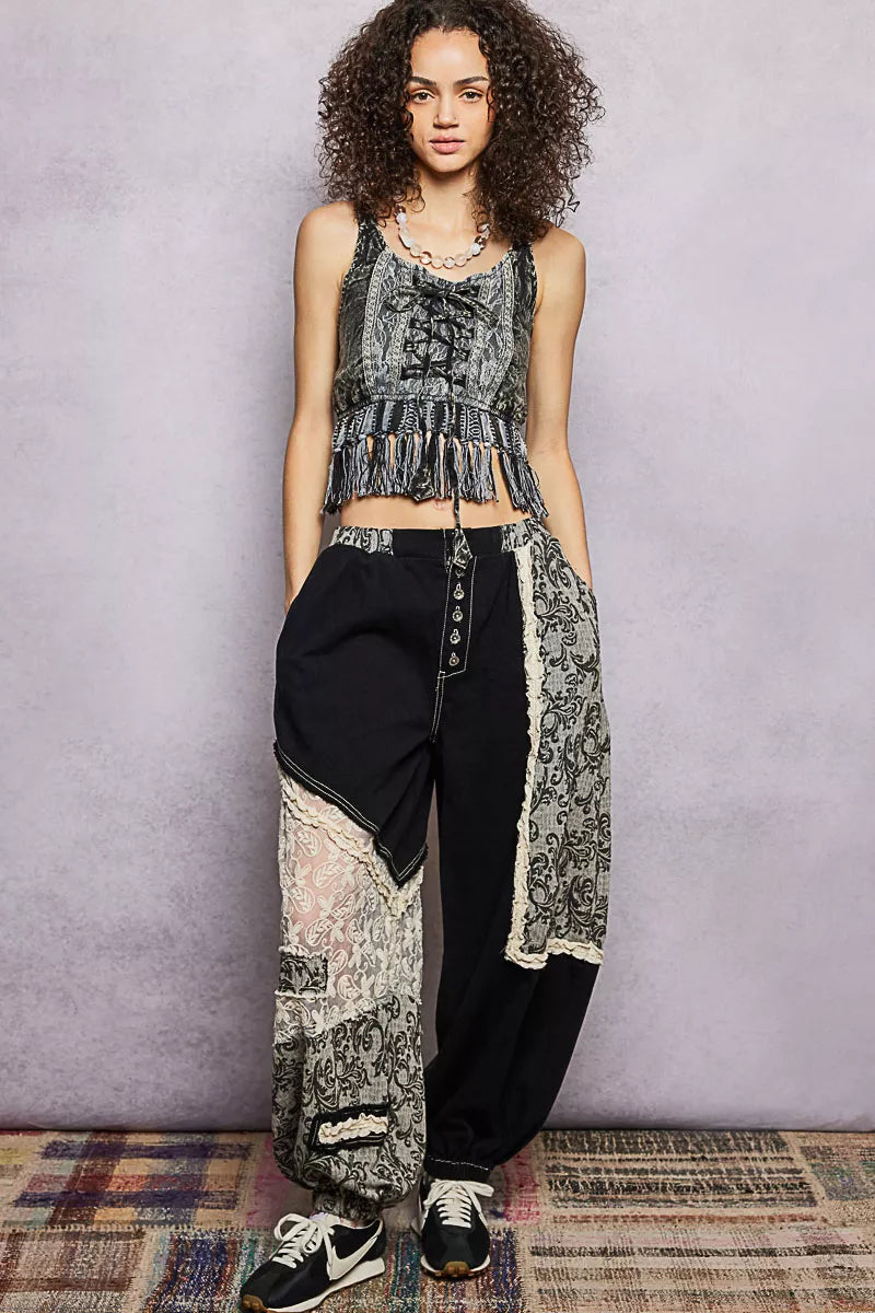 Charcoal lace-up fringe hem tank with lace trim and gathered waist detail
