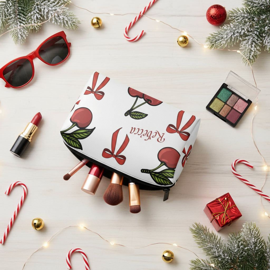 Leather Makeup Bag, Personalized Festive Boxy Custom Cherry Christmas Cosmetic Case, PU Leather Organizer